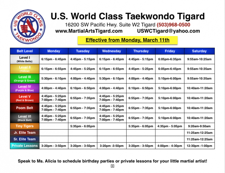 martial arts tigard schedule U.S. World Class Taekwondo